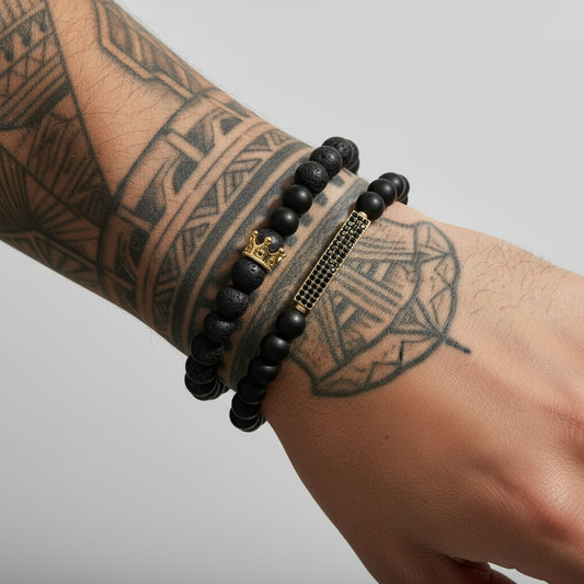 ✨ Volcanic Lava Stone & Matte Onyx Crown Bracelet (Gold Edition)