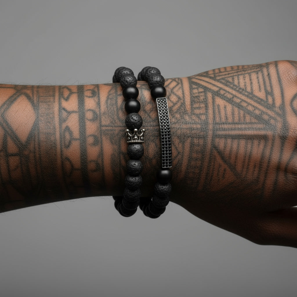 ♠️ Volcanic Lava Stone &amp; Onyx Crown Bracelet (Silver Edition)