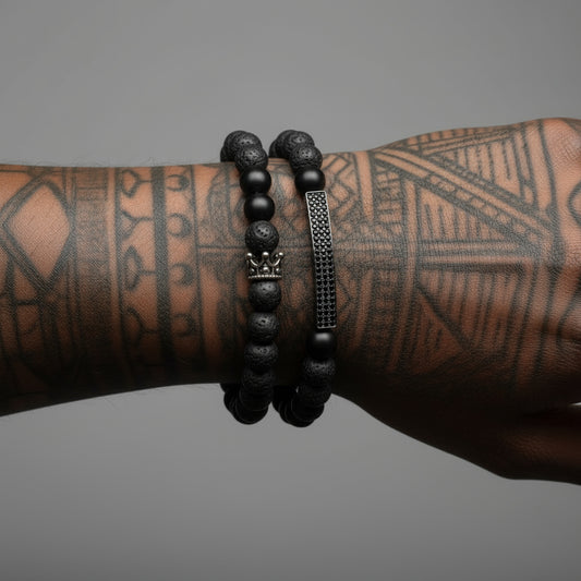 ♠️ Volcanic Lava Stone &amp; Onyx Crown Bracelet (Silver Edition)
