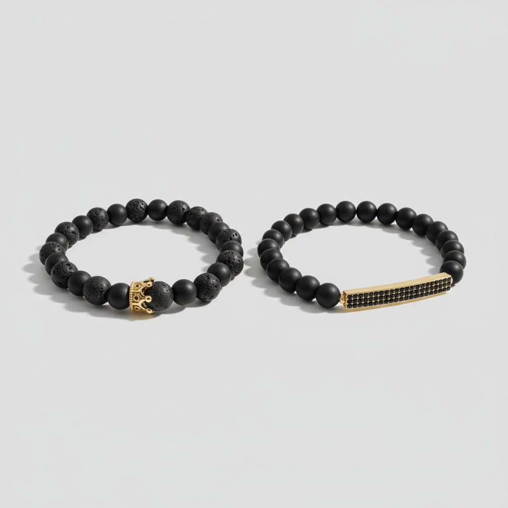 ✨ Volcanic Lava Stone &amp; Matte Onyx Crown Bracelet (Gold Edition)