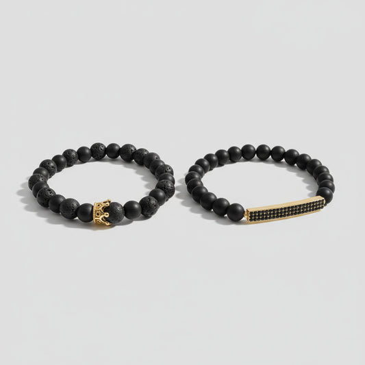✨ Volcanic Lava Stone &amp; Matte Onyx Crown Bracelet (Gold Edition)