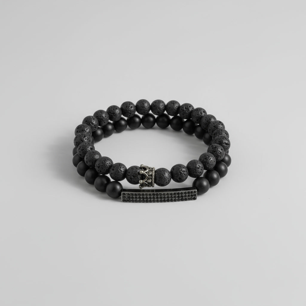 ♠️ Volcanic Lava Stone &amp; Onyx Crown Bracelet (Silver Edition)