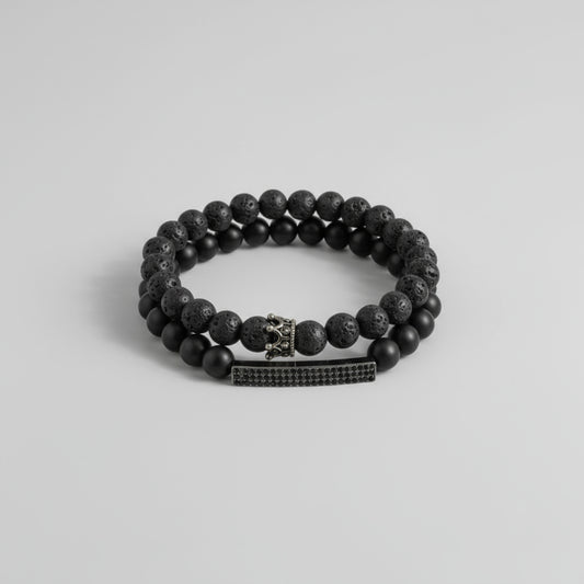 ♠️ Volcanic Lava Stone &amp; Onyx Crown Bracelet (Silver Edition)