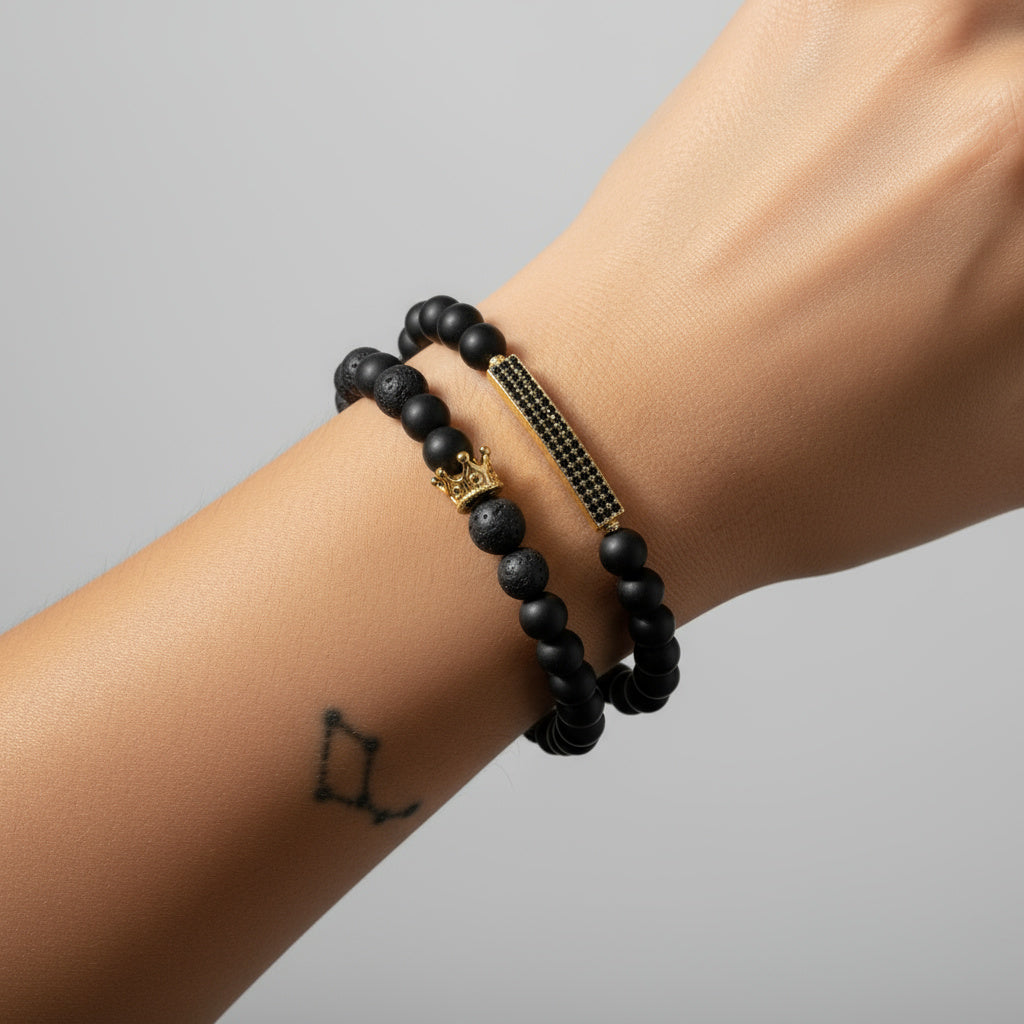 ✨ Volcanic Lava Stone &amp; Matte Onyx Crown Bracelet (Gold Edition)
